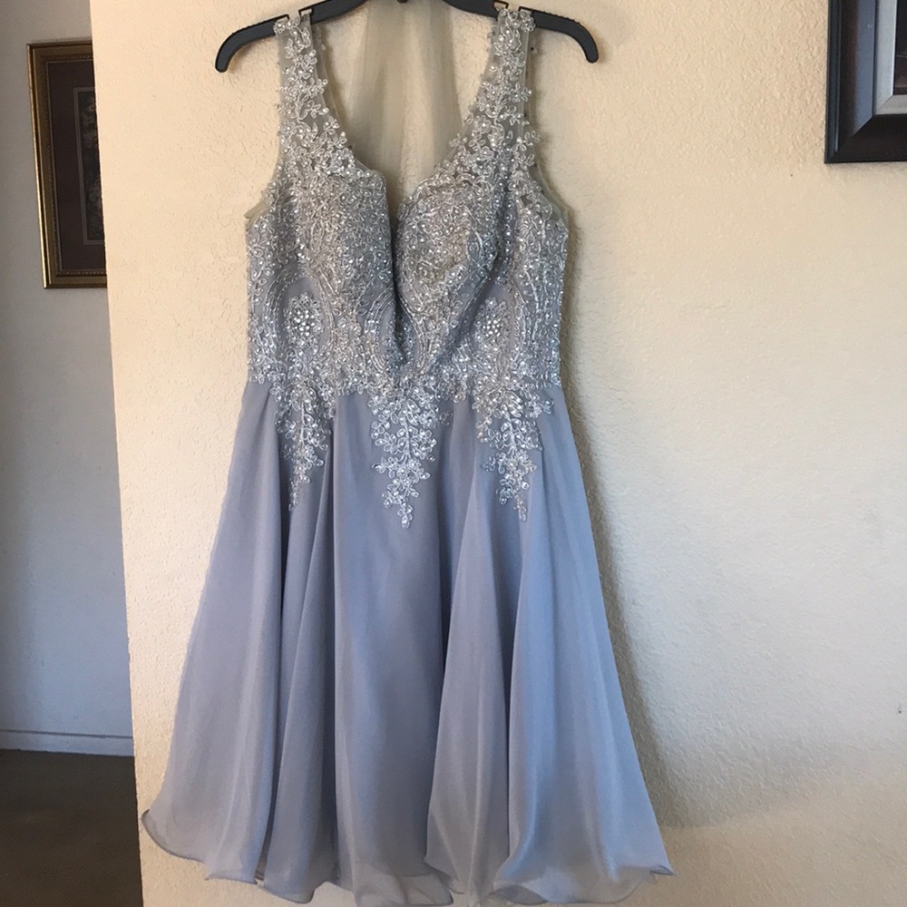 MQ1417 Silver Embroidered V-Neck A-Line Dress